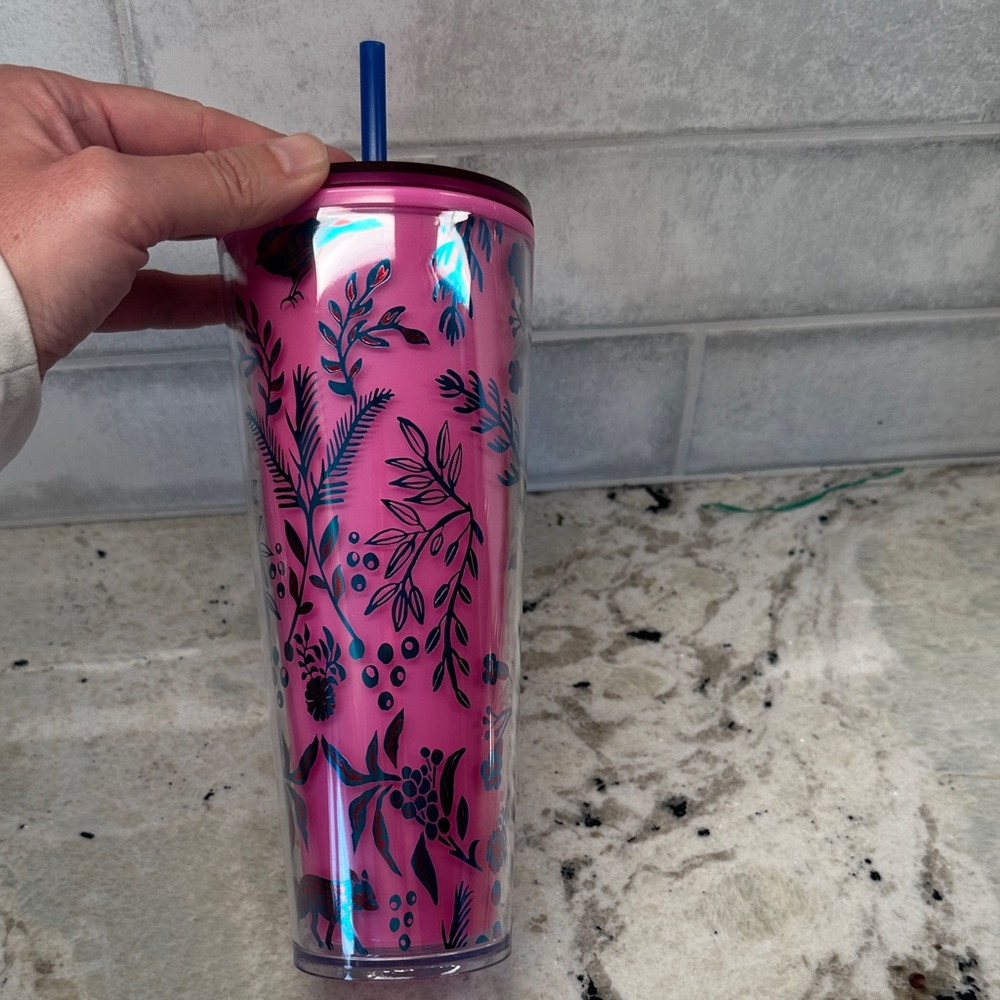 Starbucks color changing Pink Floral Double-Wall Travel Tumbler with Straw